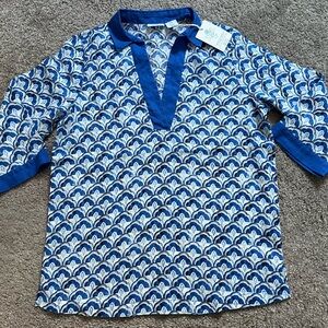 Sigrid Olsen Shirt Women's Size Medium 100% Linen Blouse Blue White Top